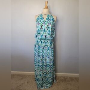 Tommy Bahama Ikat Multicolored Aqua High Neck Maxi Dress SZ L